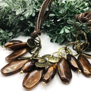 Necklace brown stones leather cord brown brass tone 20" length